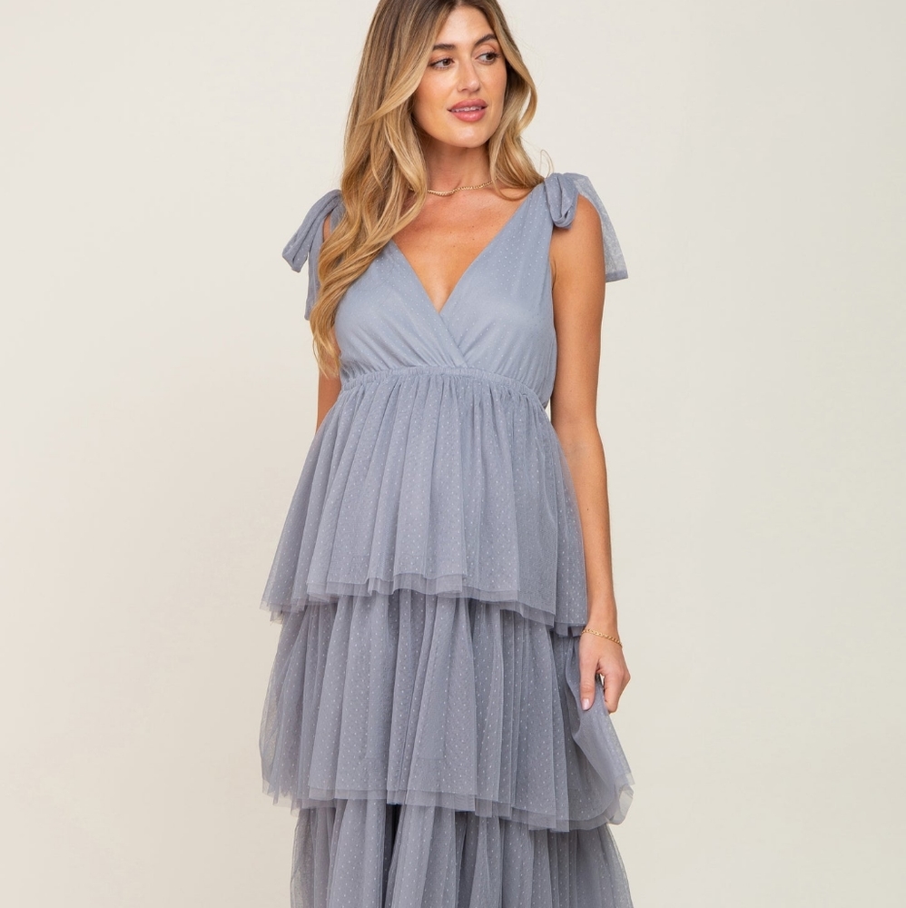 Light Blue Sleeveless Tiered Tulle Maternity Midi Dress PINKBLUSH Easter